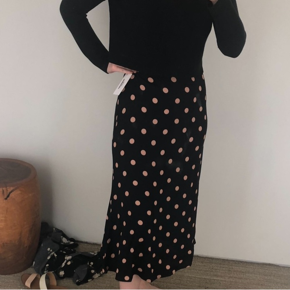 Reformation Bea Midi Skirt in Black with Pink Polka Dots